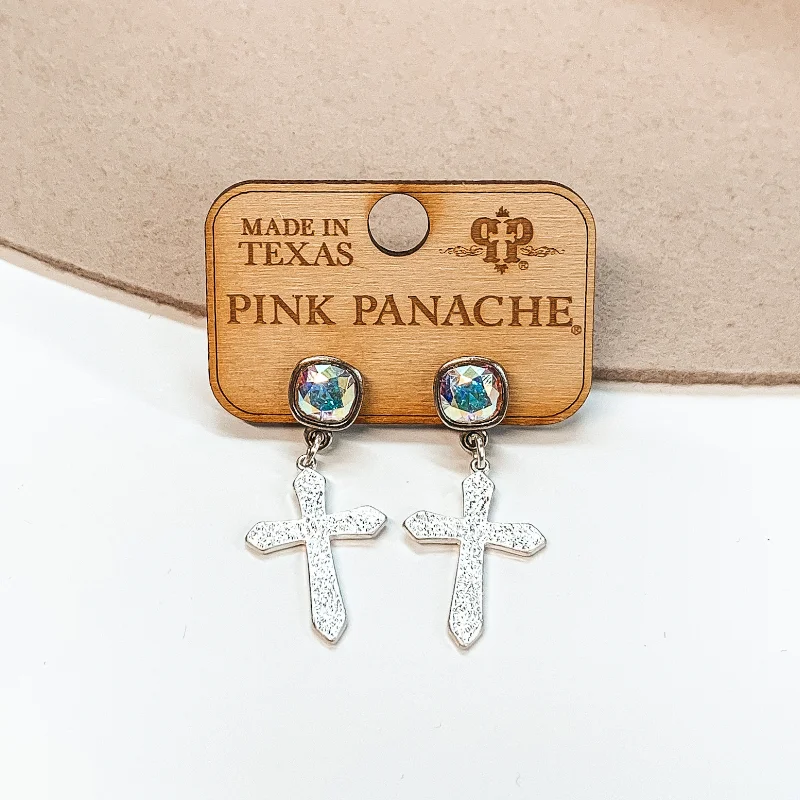 Women’s personalized stud earrings-Pink Panache | AB Cushion Cut Crystal Post Earrings with Small Textured Cross Pendant in Silver