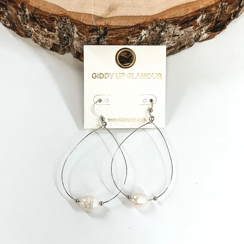 Women’s gold drop earrings-Thin Wired Teardrop earrings with Pearl Charm in Silver