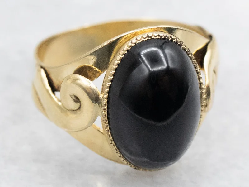 Swirling Shoulders Italian Gold Black Onyx Solitaire Ring