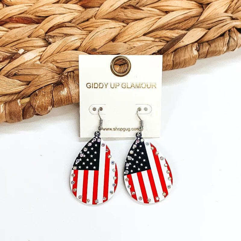 Women’s spiral earrings-American Flag Metal Teardrop Earrings with Crystals