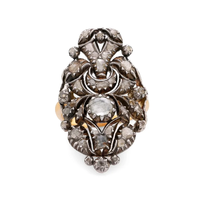 Women’s unique rings-Antique style rose cut diamond 18k yellow gold silver Navette ring