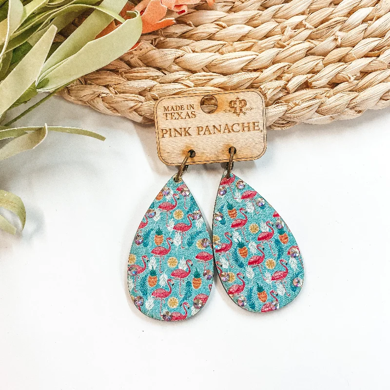 Women’s rainbow earrings-Pink Panache | Wooden Teardrop Earrings With Flamingo's, Fruits, and AB Crystals in Turquoise