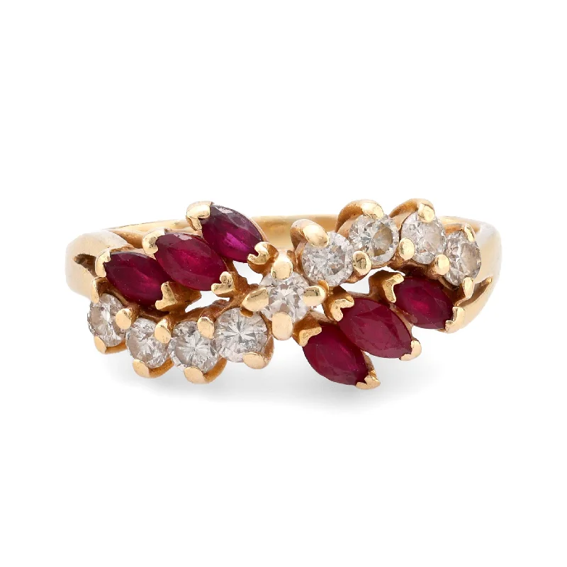 Women’s statement cocktail rings-Vintage diamond ruby 14k yellow gold ring