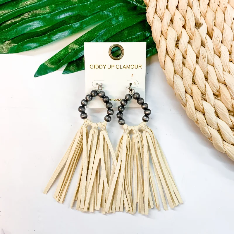 Women’s gold drop earrings-Feelin' Fabulous Navajo Teardrop Earrings With Leather Tassels in White