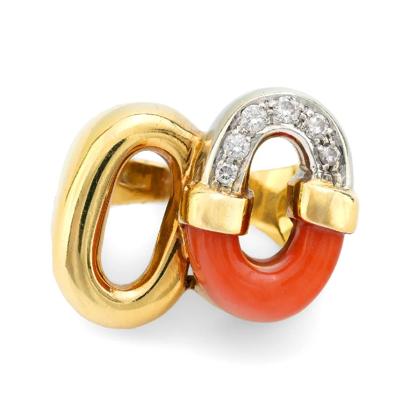 Women’s elegant gold rings-Vintage Italy diamond coral 18k gold cocktail ring