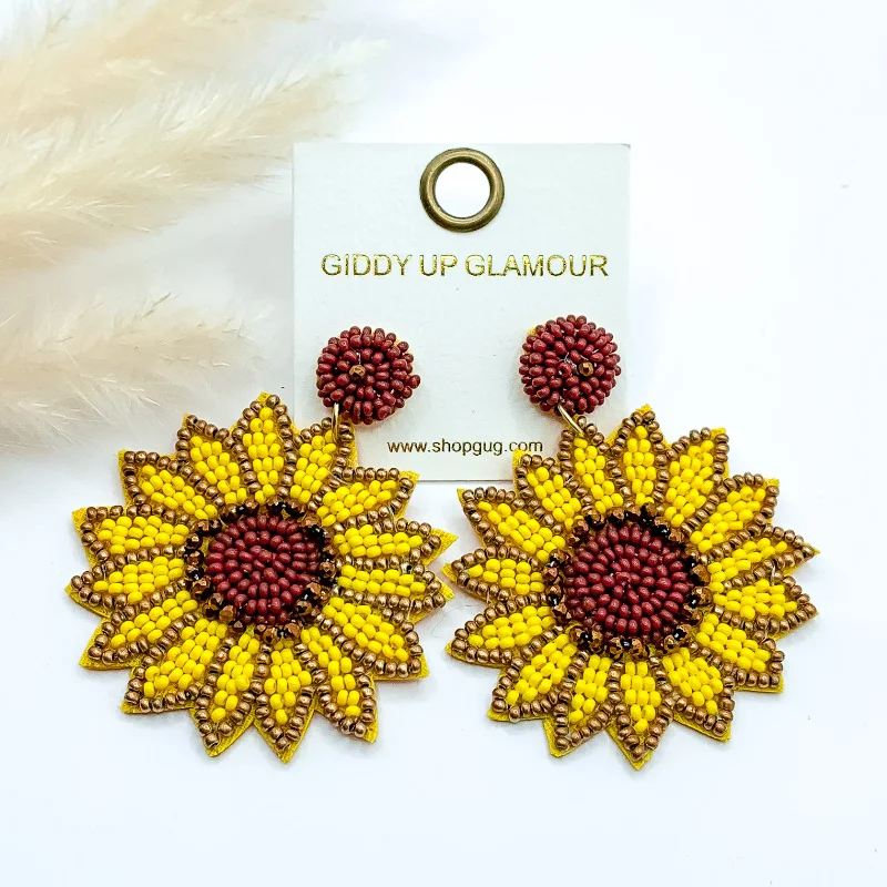 Women’s crystal dangly earrings-Beaded Sunflower Drop Earrings