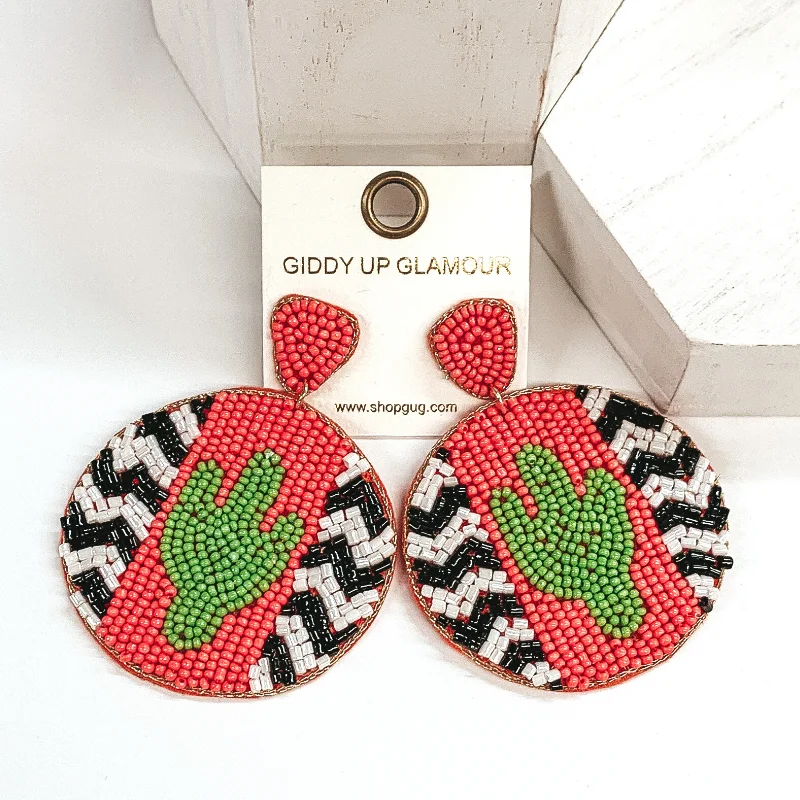 Women’s luxury earrings-Chevron and Cactus Beaded Circle Drop Earrings in Coral