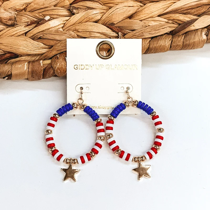 Women’s double hoop earrings-Circle Drop Earrings with Red, White, Blue Beads and Gold Star Charm