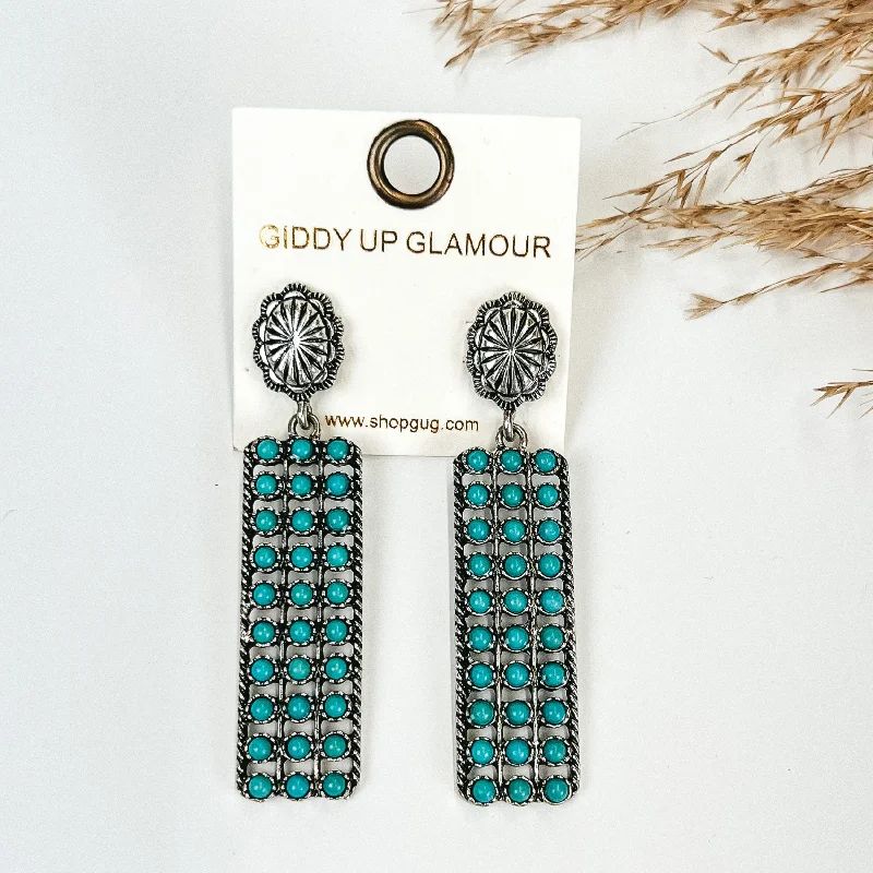 Women’s fine earrings-Silver Tone Concho Earrings with Western Turquoise Rectangle drop