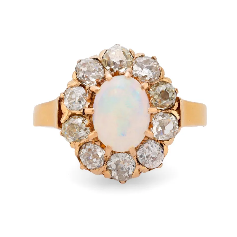 Women’s platinum rings-Victorian opal old mine cut diamond 18k yellow gold cluster ring