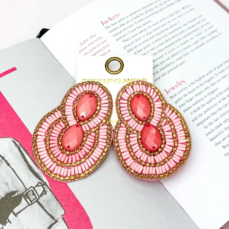 Women’s floral earrings-Dazzling Oval Earrings Outlined in Gold Tone Crystals with Beads in Light Pink