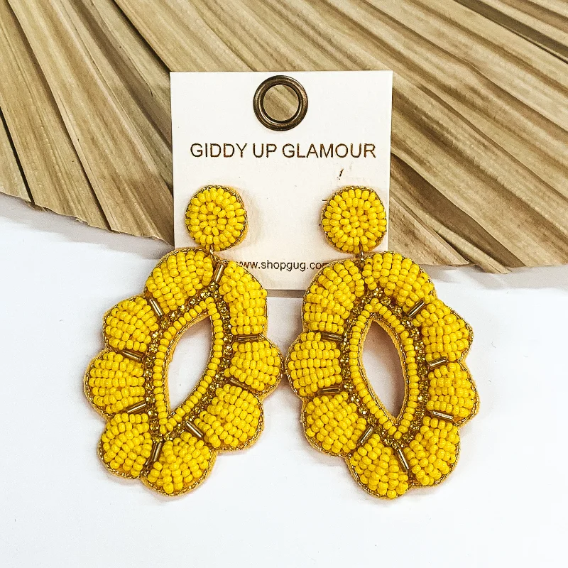 Women’s elegant earrings-Sweet as Blooms Beaded Open Oval Drop with a Scalloped Edge in Yellow