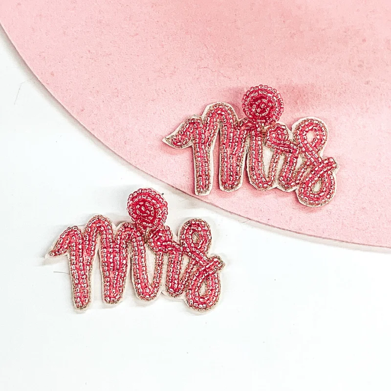 Women’s luxury pearl earrings-Wifey Status Beaded "Mrs" Earrings in Pink