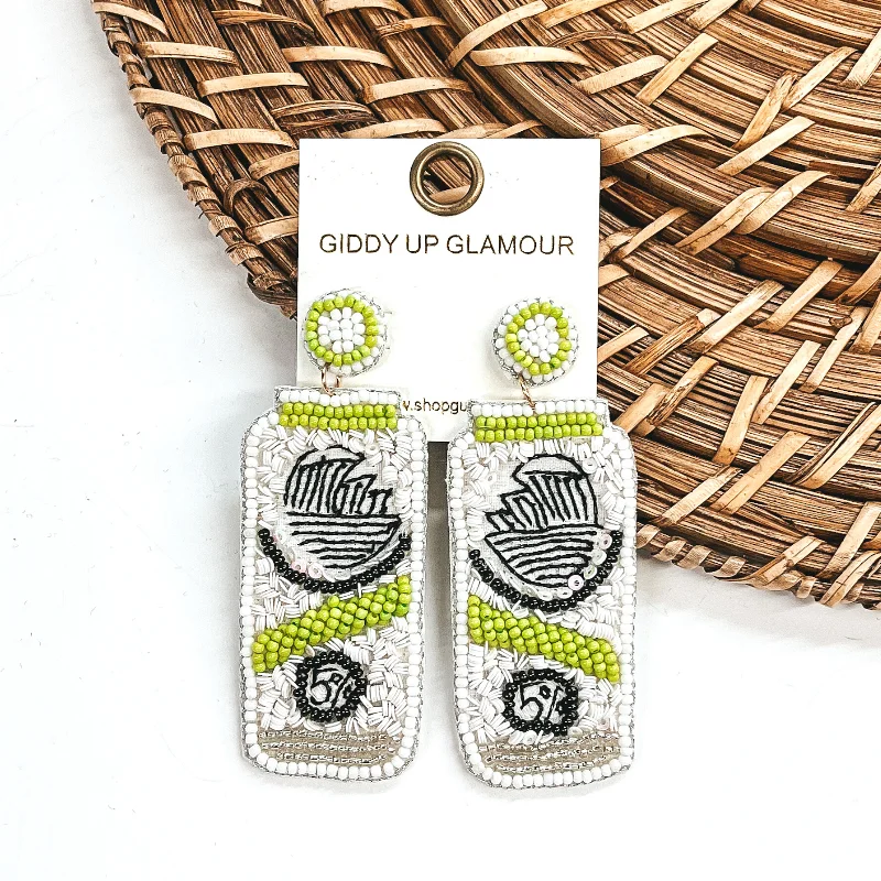 Women’s big statement earrings-Seltzer Can Earrings in White/Lime Green