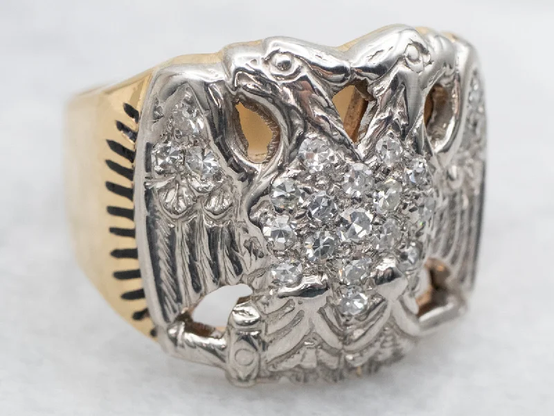 Mid-Century Diamond Double Headed Eagle Masonic Ring