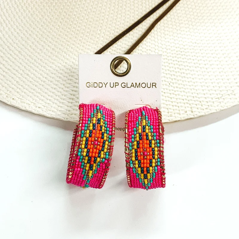 Women’s silver stud earrings-Aztec Pattern Beaded Hoop Earrings in Hot Pink