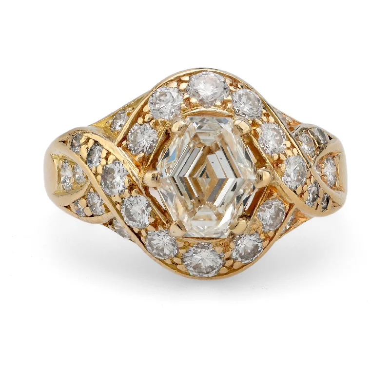 Women’s vintage engagement rings-French GIA 1.51 carat hexagonal cut diamond 18k yellow gold ring