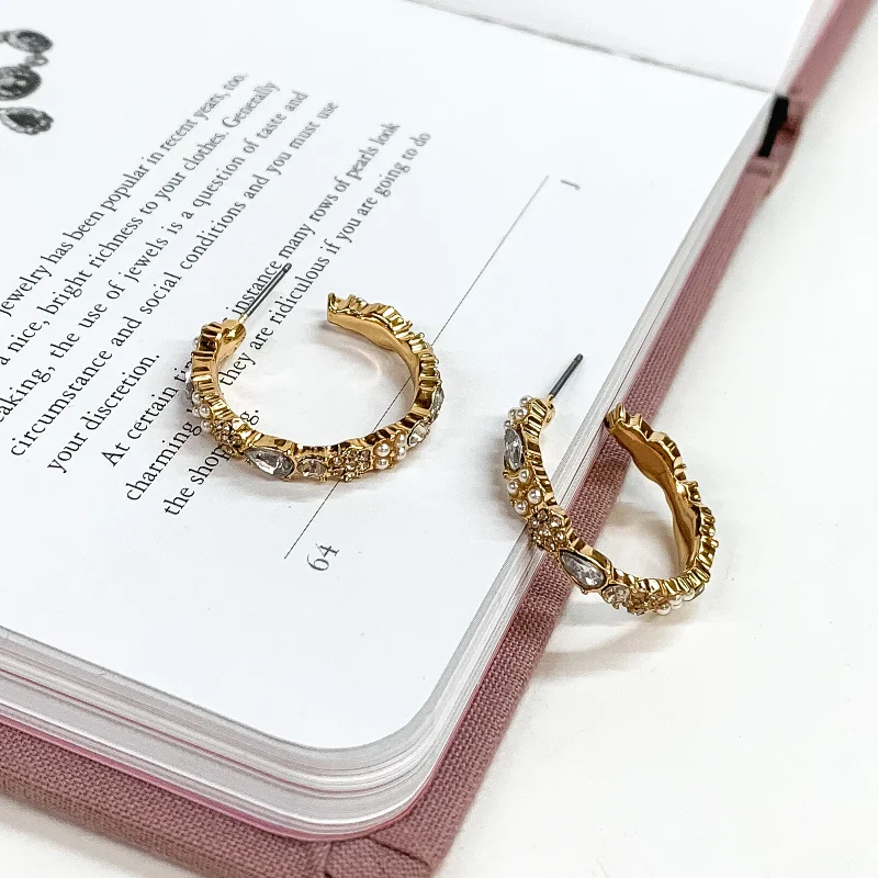 Women’s black diamond earrings-Gold Tone Hoop Earrings with Grey and Clear Crystals