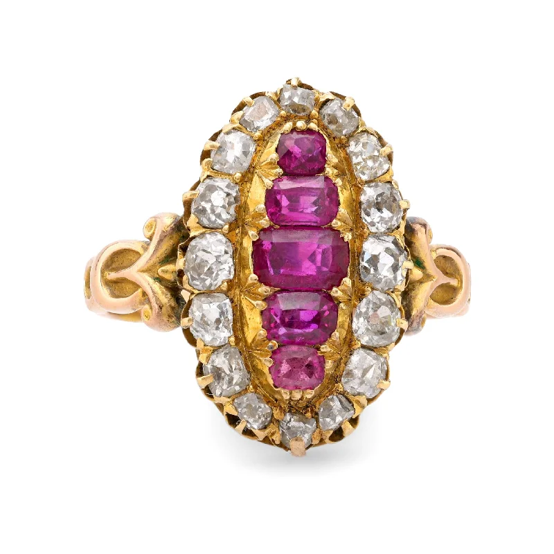 Women’s chunky rings-Antique 2.40 carat ruby and diamond 18k yellow gold Navette ring