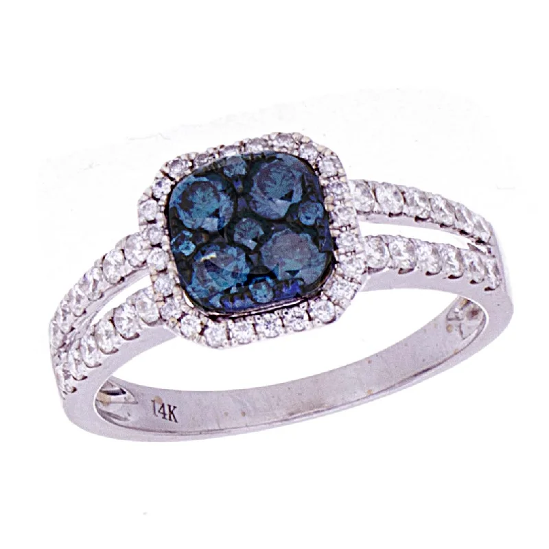 Women’s rose gold rings-Blue Diamond Square cluster Halo Ring