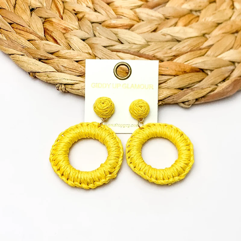 Women’s hoop earrings with crystals-Beachside Café Raffia Wrapped Circle Earrings in Yellow