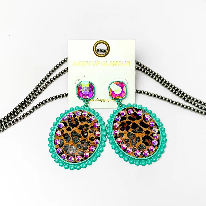 Women’s vintage-inspired earrings-AB Crystal Post Turquoise Oval Earrings with Leopard Print Inlay and AB Crystal Outline