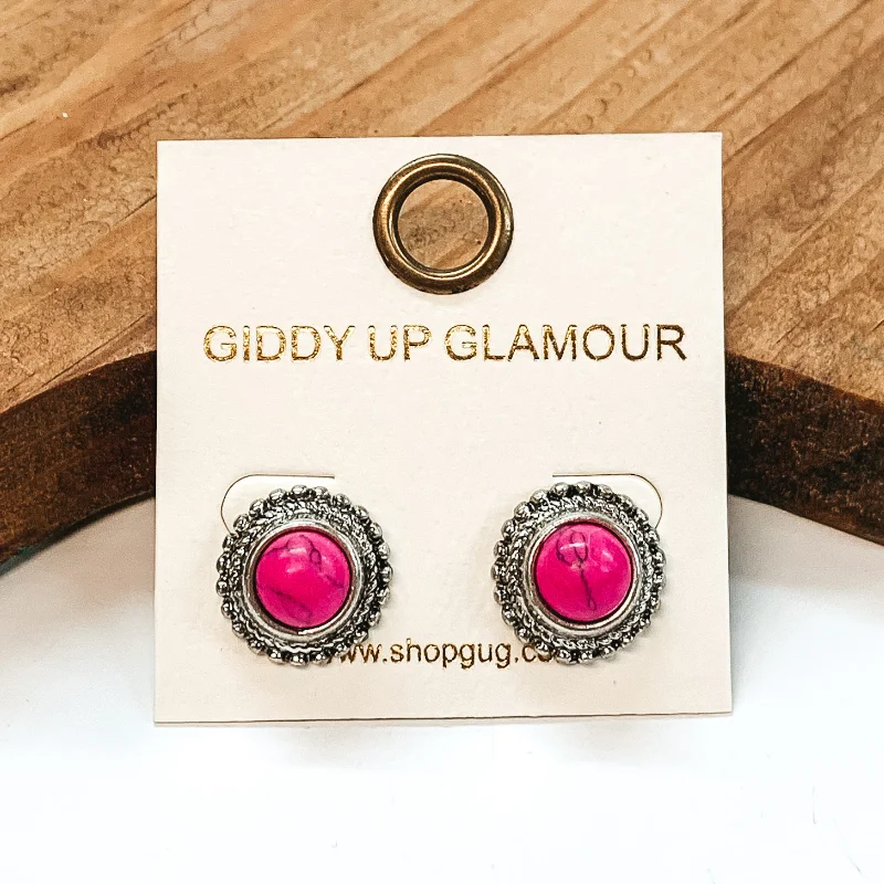 Women’s luxury earrings-Pink Circle Stone Earrings Outlined in Silver