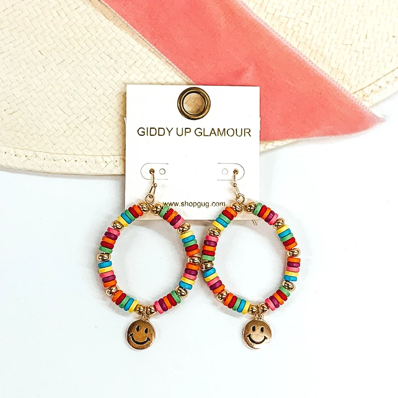 Women’s heart-shaped earrings-Beaded Teardrop Earrings with Gold Happy Face Charm in Gold/Multicolored