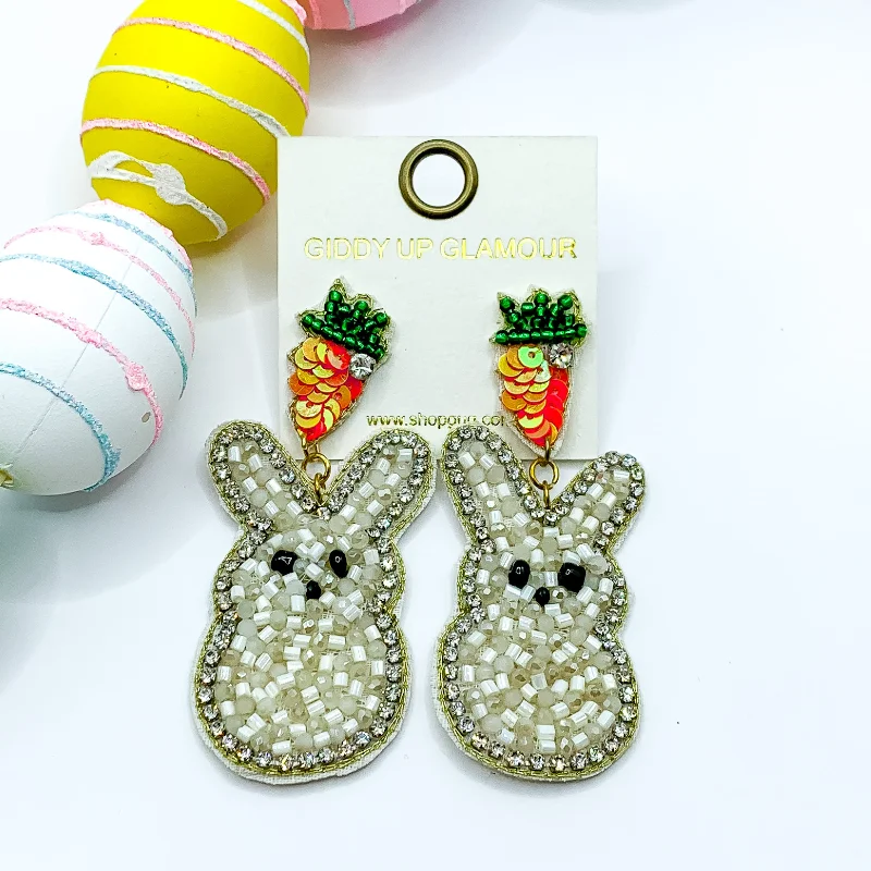 Women’s gold earrings-Hoppin' Along Beaded Carrot Post Earrings with Bunny Peep Dangle in Ivory