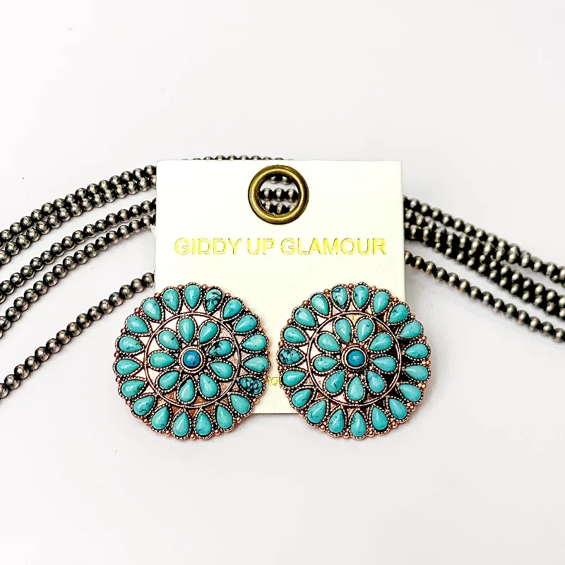 Women’s delicate earrings-Copper Tone Circle Cluster Stud Earrings with Turquoise Blue Stones