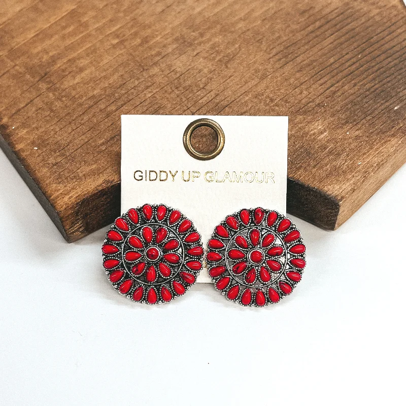 Women’s black diamond earrings-Silver Circle Cluster Stud Earrings with Red Stones