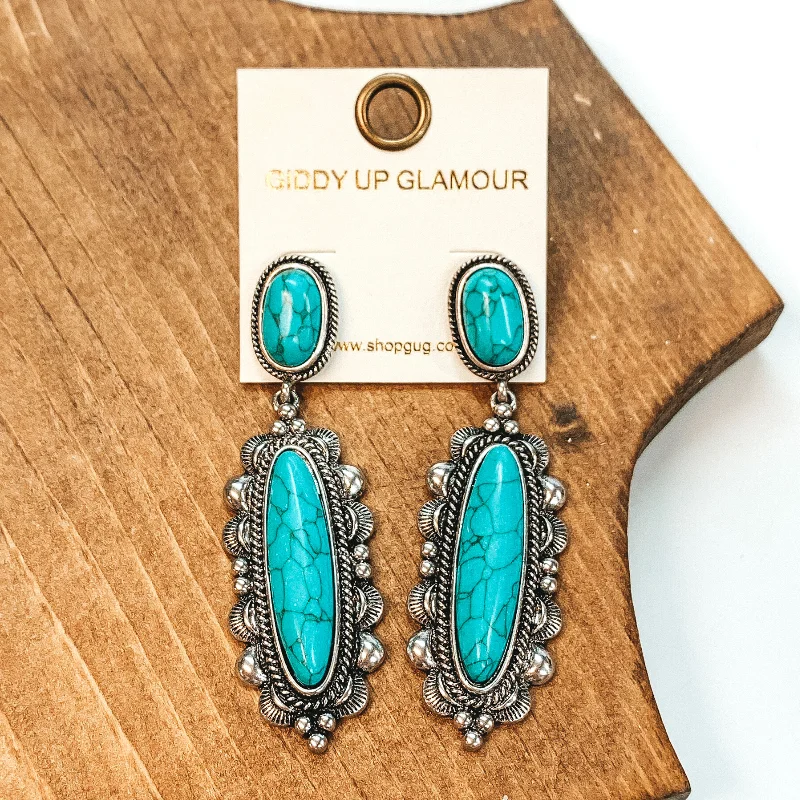 Women’s sapphire earrings-Oval Post Back Earrings with Western Oval Pendant with Turquoise Stones in Silver