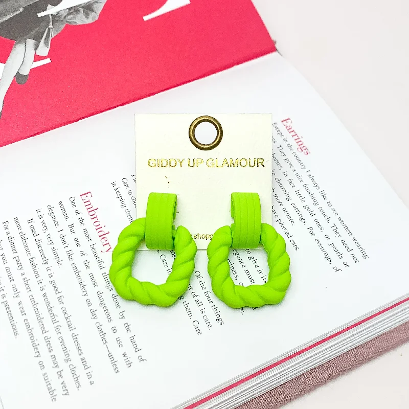 Women’s rainbow earrings-Ready to Party Twisted Square Earrings in Neon Green