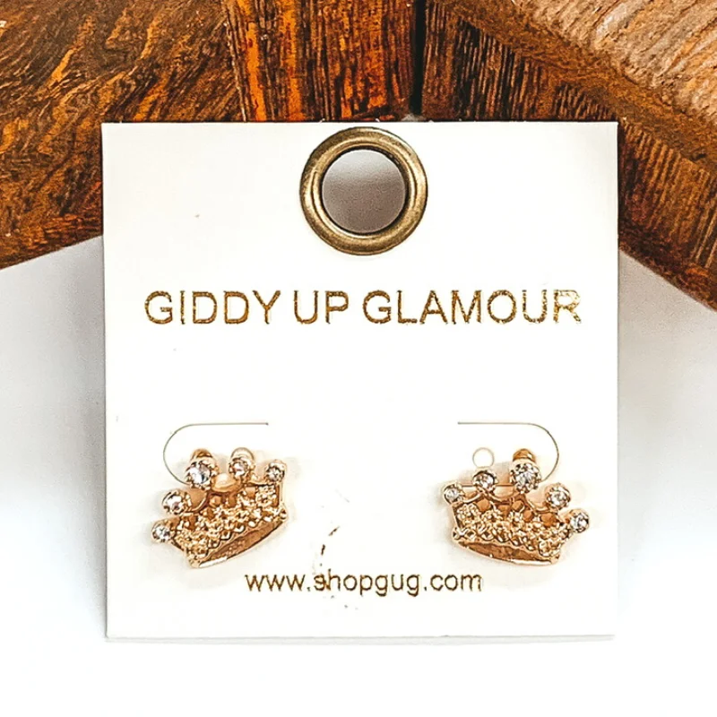 Women’s chandelier earrings-Crystal Crown Stud Earrings in Gold