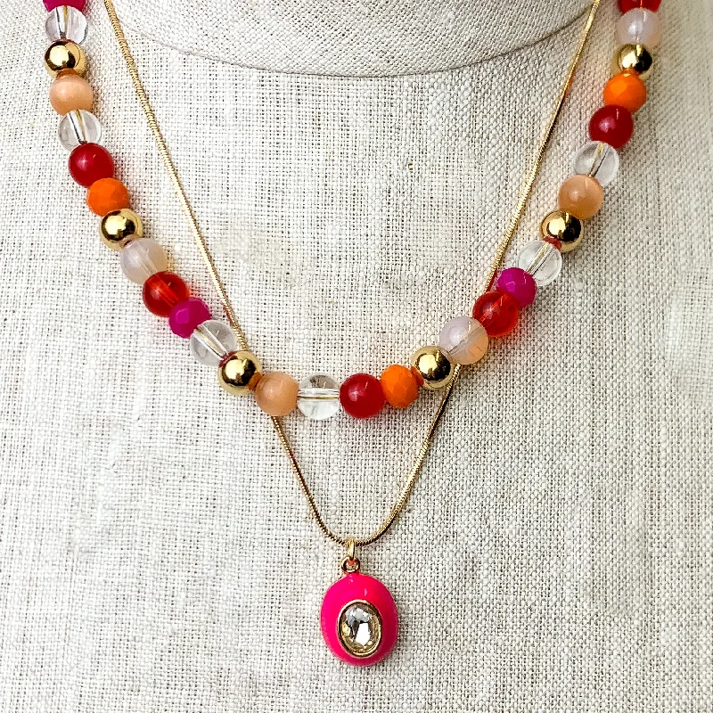 Women’s birthstone rings-Multicolored Layering Necklace With Oval Pendant