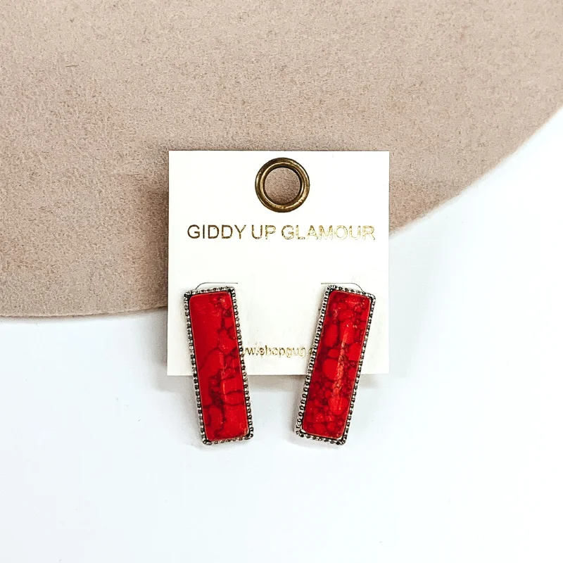 Women’s sterling silver earrings-Medium Rectangle Faux Stone Silver Tone Earrings in Red