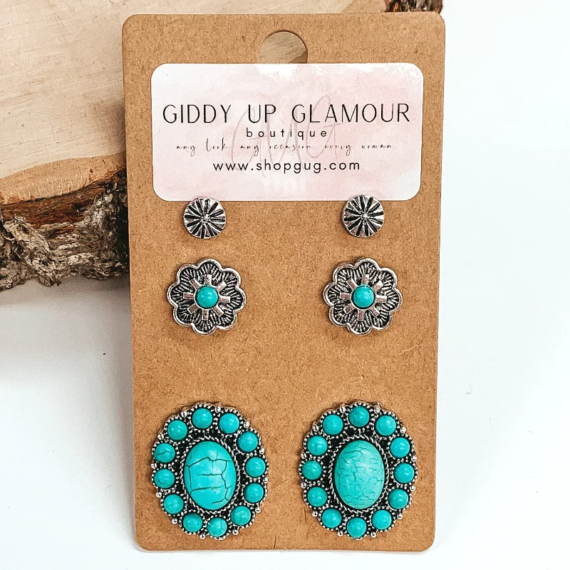 Women’s turquoise earrings-Western Concho Stone Earring Set in Turquoise