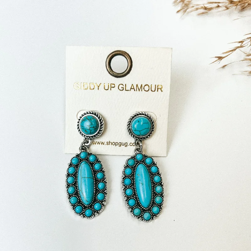 Women’s emerald earrings-Turqiouse Circle Post Earrings with Oval Cluster Drop with Turquoise Stones