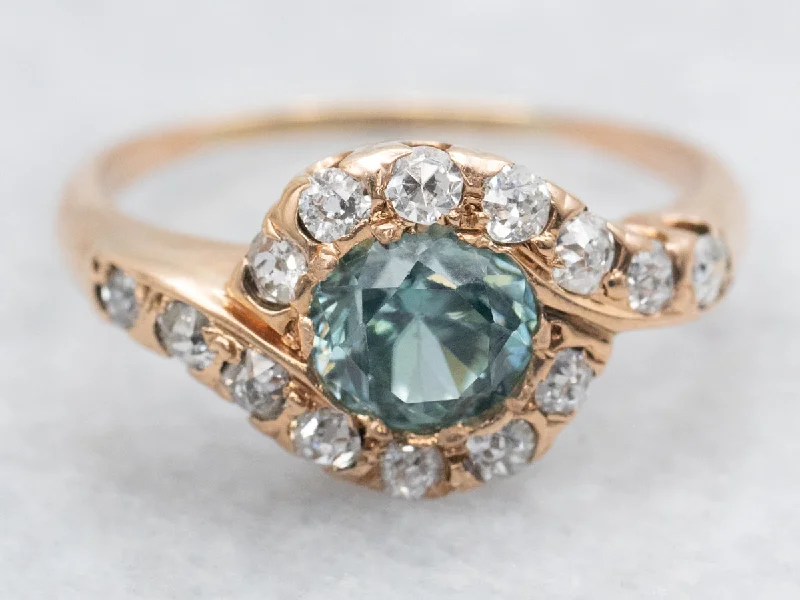 Antique Blue Zircon and Diamond Halo Bypass Ring