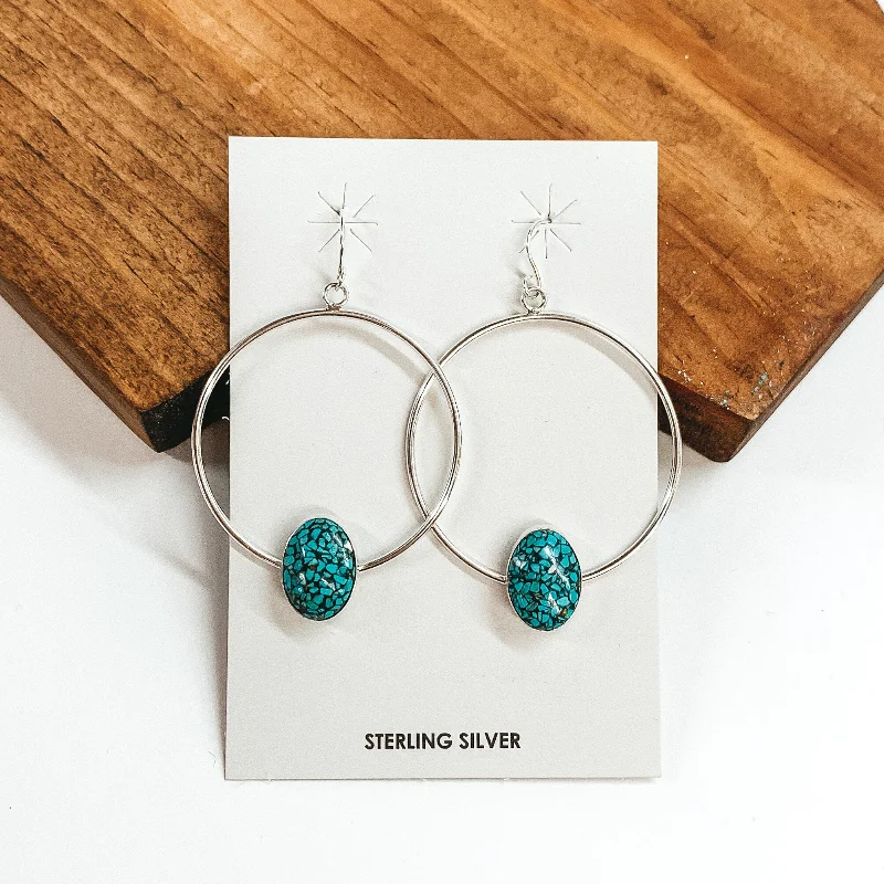 Women’s artistic earrings-Merle House | Navajo Handmade Sterling Silver Hoop Earrings with Oval Kingman Turquoise Stone