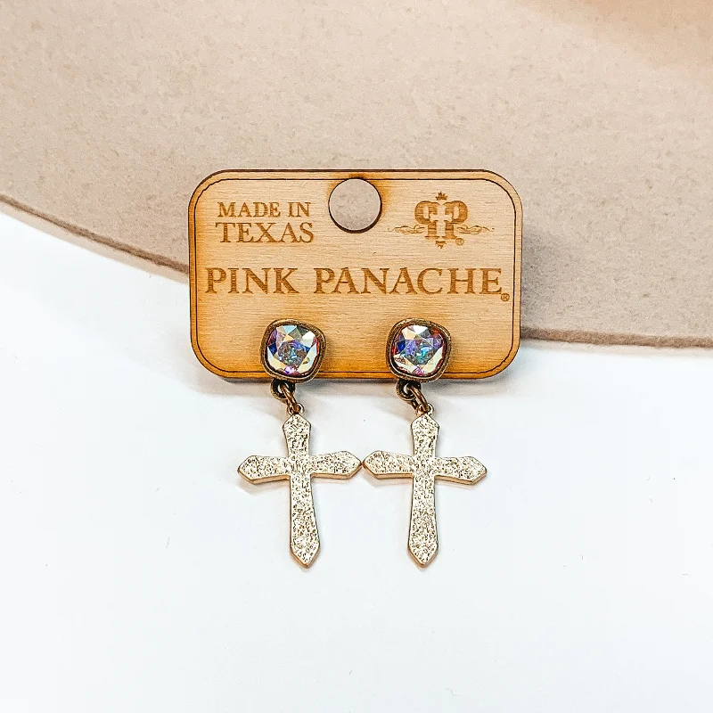 Women’s large hoop earrings-Pink Panache | AB Cushion Cut Crystal Post Earrings with Small Textured Cross Pendant in Gold