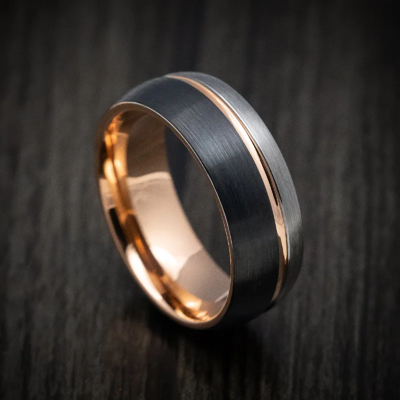 Rose Gold and Black Tungsten Tri-Tone Men's Ring