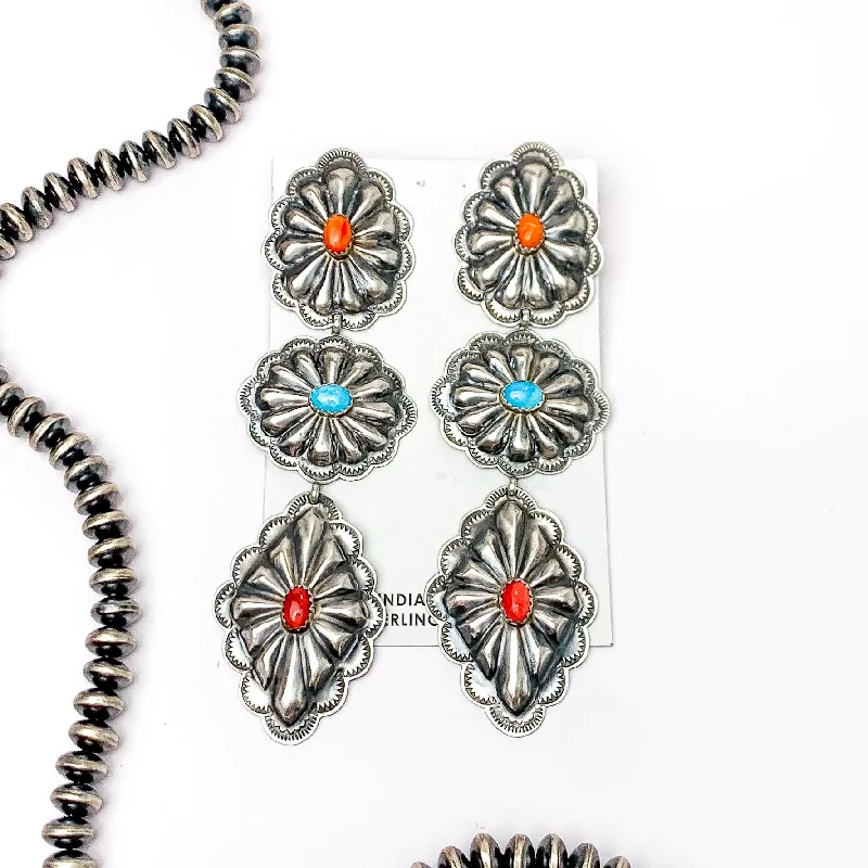 Women’s flower stud earrings-RL Begay | Navajo Handmade Sterling Silver Concho Drop Earrings with Turquoise Red, and Orange Stones