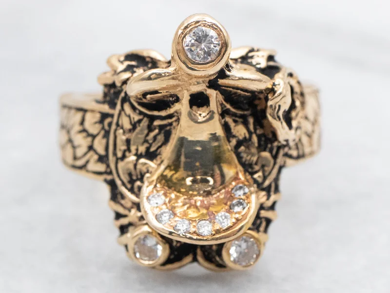 Diamond and Gold Ornate Western Saddle Ring