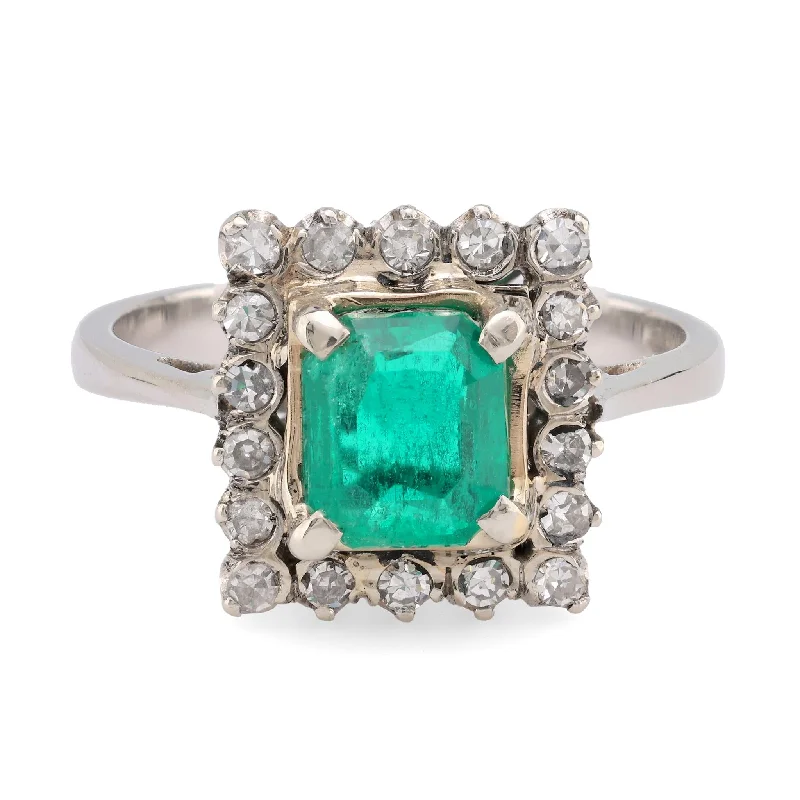 Women’s adjustable engagement rings-Mid Century GIA 1.1 Carat Emerald Diamond 18K Yellow Gold Cluster Ring