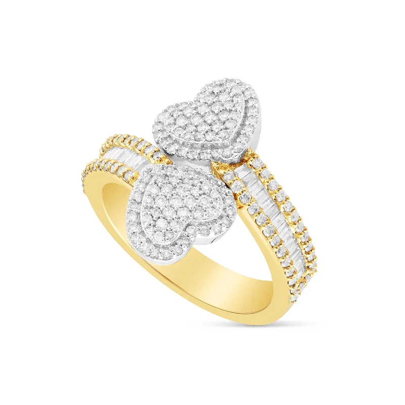 Two-Tone Solid Gold baguette diamond heart Wrap ring