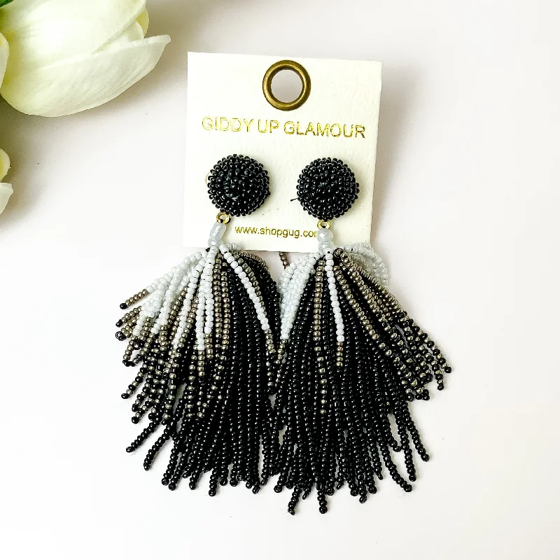 Women’s spiral earrings-Beaded Tassel Earrings in Black, White, and Silver Tone