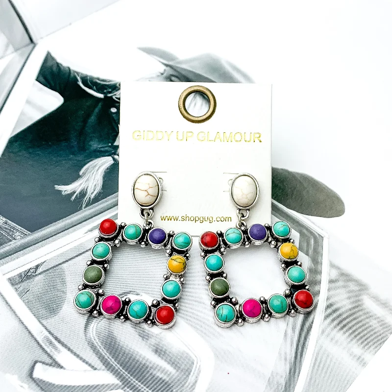 Women’s emerald earrings-Open Square Drop Earrings with Multicolor Stones in Silver Tone