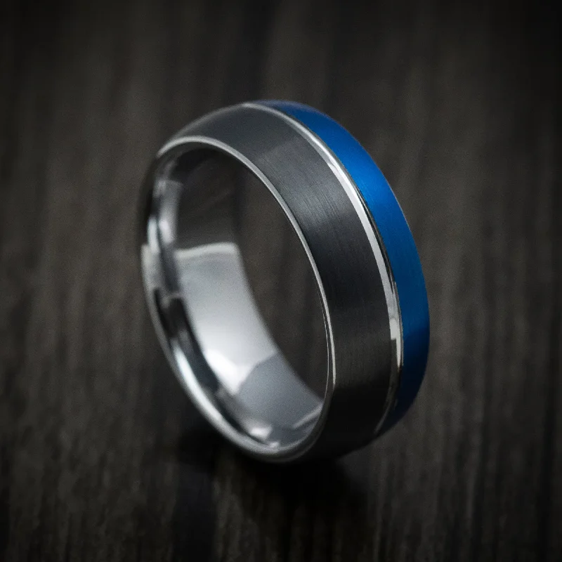 Black Tungsten Men's Ring with Anodized Blue Accent