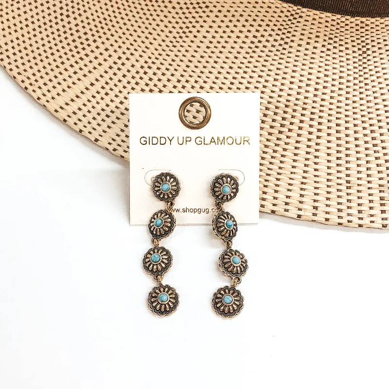 Women’s layered earrings-Small Western Flower Concho Drop Earrings with Turquoise Stones in Gold